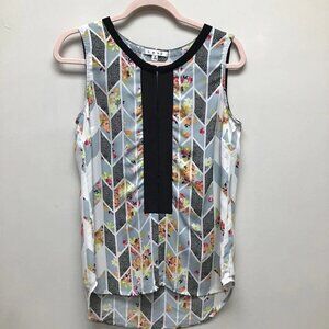 Cabi Womens Blouse Multicolor Floral Sleeveless Keyhole Grosgrain Ribbon S